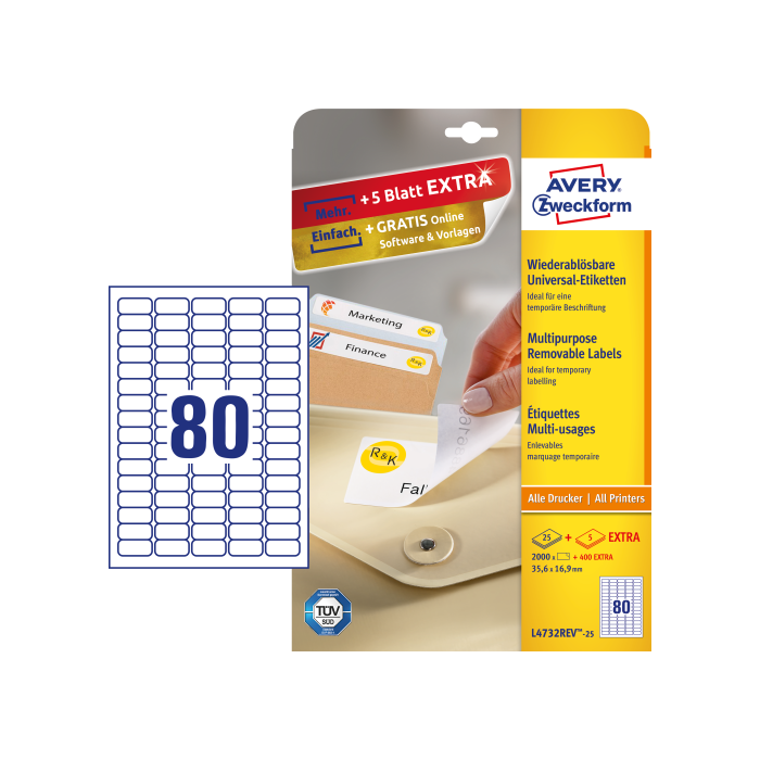 Etiquetas Adh.Impr.Avery A4 Blanca C.Romos Removible Caja 25H 35,6X16,9 Mm 2.000 Uds.(L4732Rev) 1