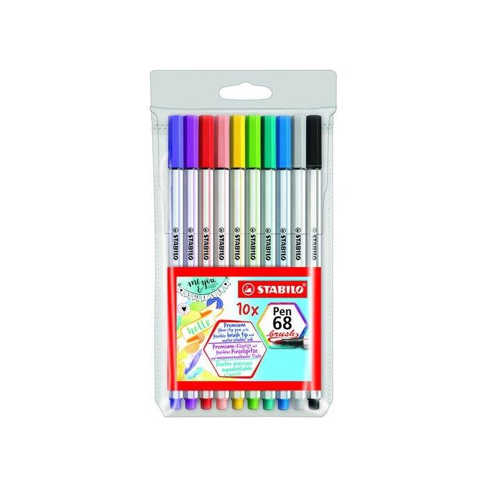 Stabilo Rotuladores Pen 68 Brush C-Surtidos, Estuche Plástico 10 Unidades