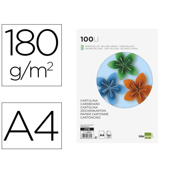 Cartulina Liderpapel A4 180 gr-M2 Verde Billar Paquete De 100 Hojas