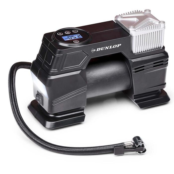 Dunlop Compresor de Aire 12V con Pantalla Digital, 150 PSI para Neumáticos Coche Moto Bici. Incluye 3 Adaptadores, Manguera 60cm y Cable 3m. Dunlop Compresor de Aire 12V con Pantalla Digital, 150 PSI para Neumáticos Coche Moto Bici. Incluye 3 Adaptadores, Manguera 60cm y Cable 3m.
