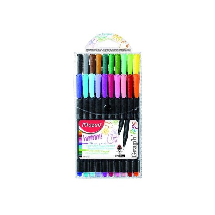 Maped Rotulador Graph Peps Fine Liner punta fina de metal, trazo 0.4 mm, estuche de 20 colores surtidos