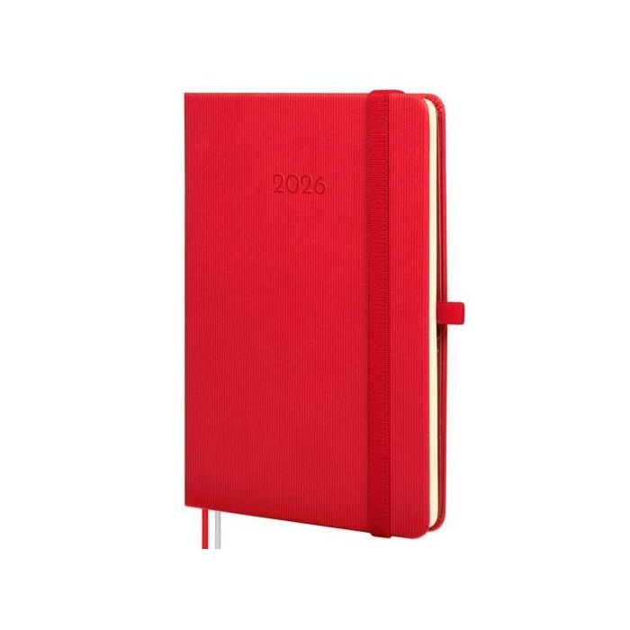 Finocam Agenda Mínimal Textura M4, 2026 – 118x168 mm, Día/Semana Vista, Tapa Dura Roja con Elástica y Portabolígrafo