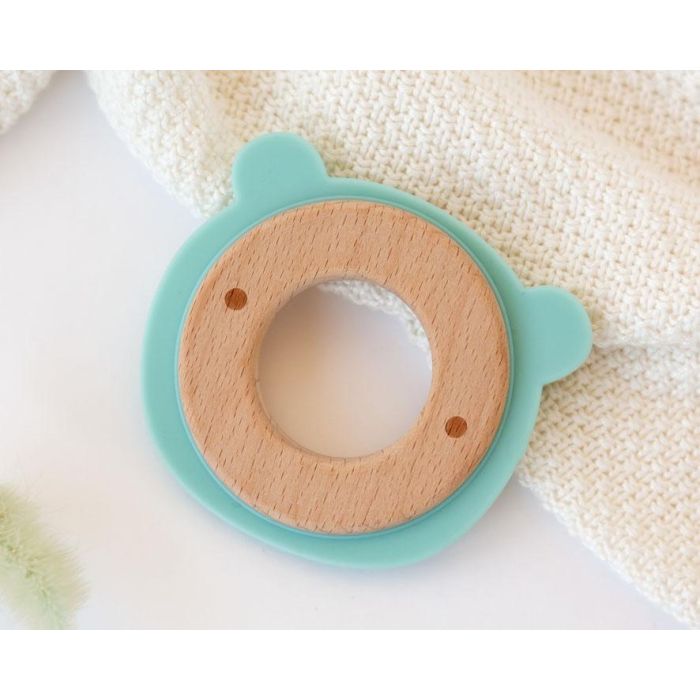 KioKids Mordedor de Madera y Silicona Suave con Diseño de Osito Verde para Bebés +3 Meses - Alivia Molestias de la Dentición, Colección Ecofriendly