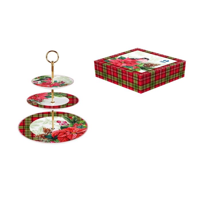 DKD Home Decor Frutero Navidad Tradicional Victoriano 21 de 3 Pisos, Porcelana y Metal, Rojo Verde con Flores, 27x35x27cm, Apto Lavavajillas Microondas