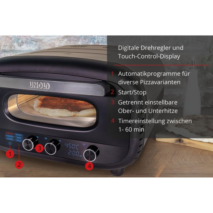 UNOLD 68805 Don Alfredo - Horno de Pizza Eléctrico Digital, 1 Pizza (30 cm, Hasta 450 °C), Piedra de Cocina, Negro y Acero Inoxidable, 1700 W UNOLD 68805 Don Alfredo - Horno de Pizza Eléctrico Digital, 1 Pizza (30 cm, Hasta 450 °C), Piedra de Cocina, Negro y Acero Inoxidable, 1700 W