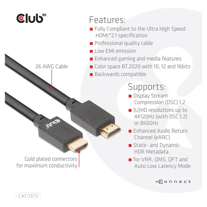 Club 3D Cable HDMI 2.1 Ultra High Speed 10K HDR 5m Negro CAC-1375 7