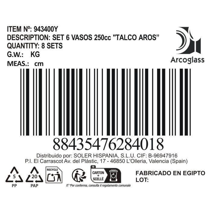 La Mediterranea Set 6 Vasos de 250 cc Colección Talco Aros (8 Cajas) 1