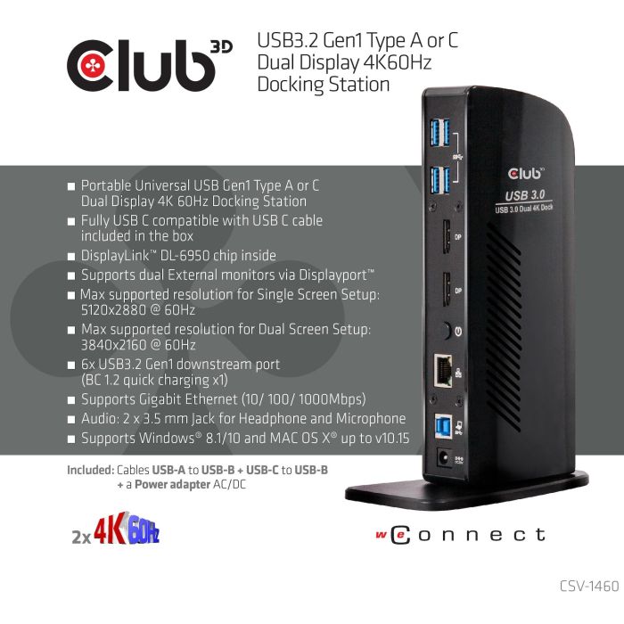 Club3D CAC-1507 Docking Station Dual Display 4K 60Hz USB-C/USB 3.0 con 2xDP/6xUSB/LAN/Audio Negro 8 Club3D CAC-1507 Docking Station Dual Display 4K 60Hz USB-C/USB 3.0 con 2xDP/6xUSB/LAN/Audio Negro 8