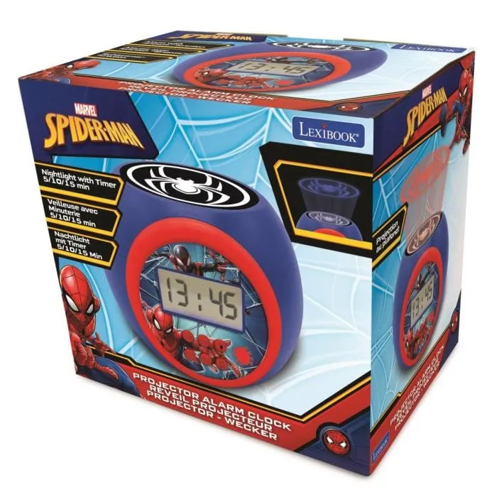LEXIBOOK Reloj Despertador Proyector Spiderman Marvel Pantalla LCD Retroiluminada con Proyección de Araña y Alarma con Repetición para Niños 4