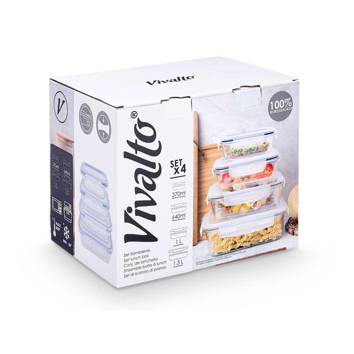 Set 4 Fiambreras Borosilic Rec 370 640 1000 1500Ml Vivalto 26X22CM (4 Unidades) 2 Set 4 Fiambreras Borosilic Rec 370 640 1000 1500Ml Vivalto 26X22CM (4 Unidades) 2
