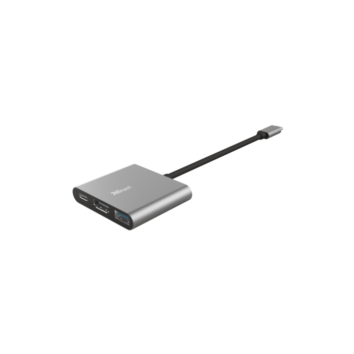 Trust 23772 Adaptador Multipuerto USB-C 3 en 1 con HDMI, USB-A y USB-C PD para Portátil y MacBook, Aluminio Negro 1