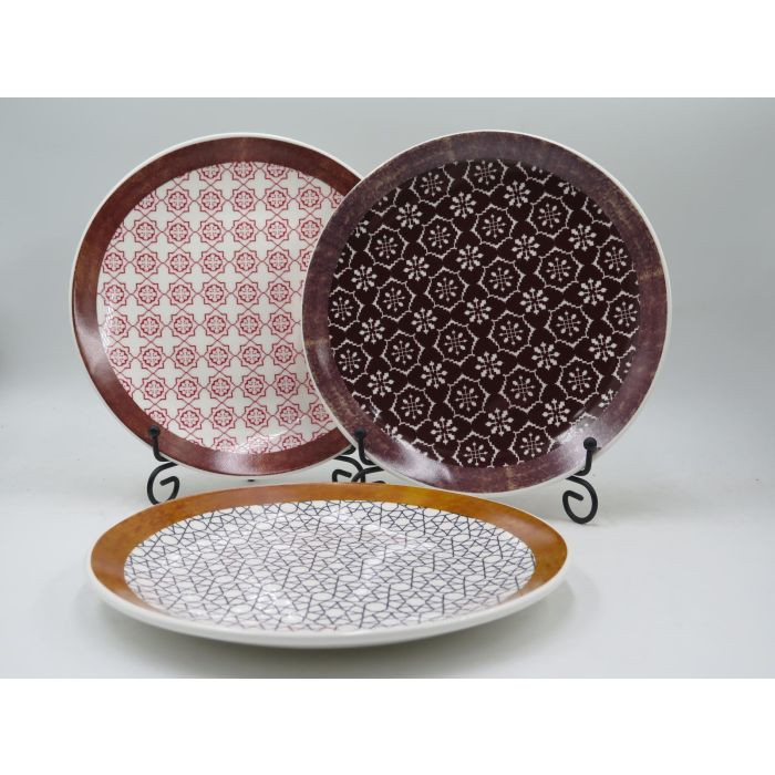 DKD Home Decor Plato New Bone Árabe Granate Gris 25.5x25.5 cm Apto Microondas Lavavajillas Colección Greature 1 Pack 12 Surtido