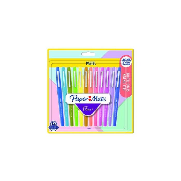 Papermate Rotuladores Paper Mate Flair Pastel Punta de Fibra, Tinta Base Agua, Punta 0.7mm, Colores Surtidos, Blíster 12 Unidades