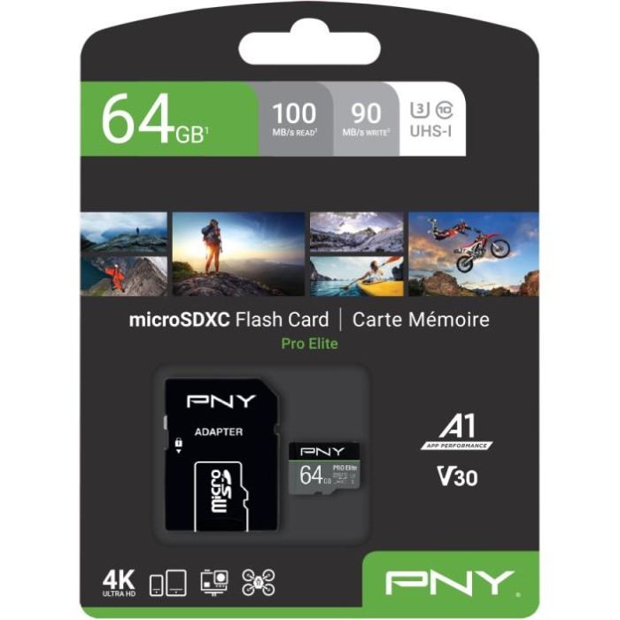 Tarjeta de Memoria Micro SD con Adaptador PNY P-SDU64GV31100PRO-GE Pro Elite C10 64 GB 3