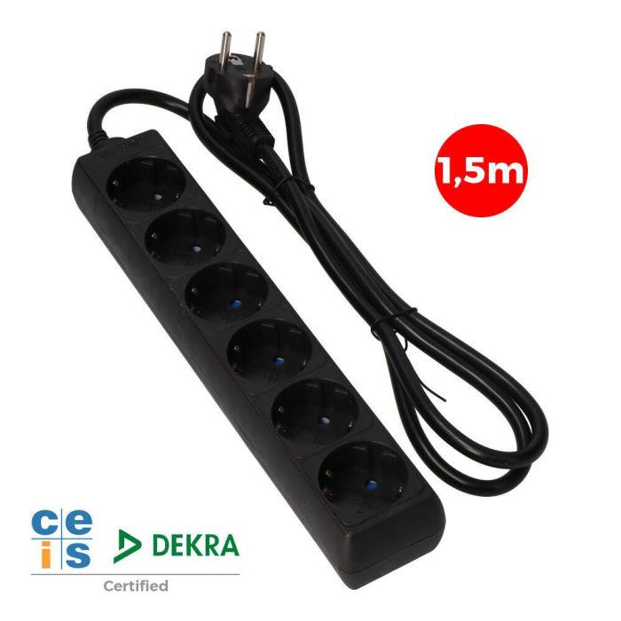 Prolongador con 6 tomas 2p+t, 16a 250v~ 1,5 m de cable h05vv-f 3 g 1,5mm², negro