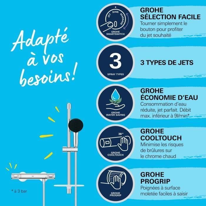 Set de ducha con mezclador termostático, rociador de 3 chorros, barra de 60 cm y flexo - GROHE 34791001 - Ahorro de agua - Cromo 2 Set de ducha con mezclador termostático, rociador de 3 chorros, barra de 60 cm y flexo - GROHE 34791001 - Ahorro de agua - Cromo 2