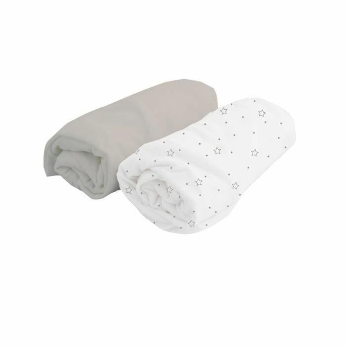 DOUX NID Juego de 2 sábanas ajustables de jersey 70x140 cm para bebé Guisante Blanco y Perla Estrellas
