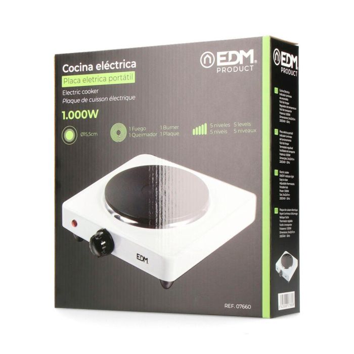 Edm Cocina Eléctrica 1 Fuego 1000W Placa Ø15,5cm Regulador Temperatura 5 Niveles Blanco 24x22x7cm 2
