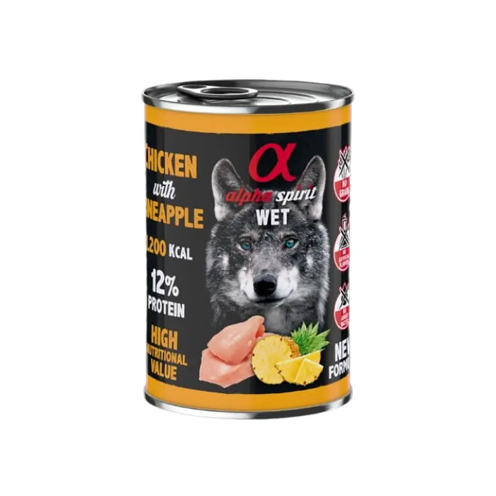 Alpha Spirit Alimento Húmedo para Perros Adultos Sabor Pollo con Piña Lata 6x400 gr