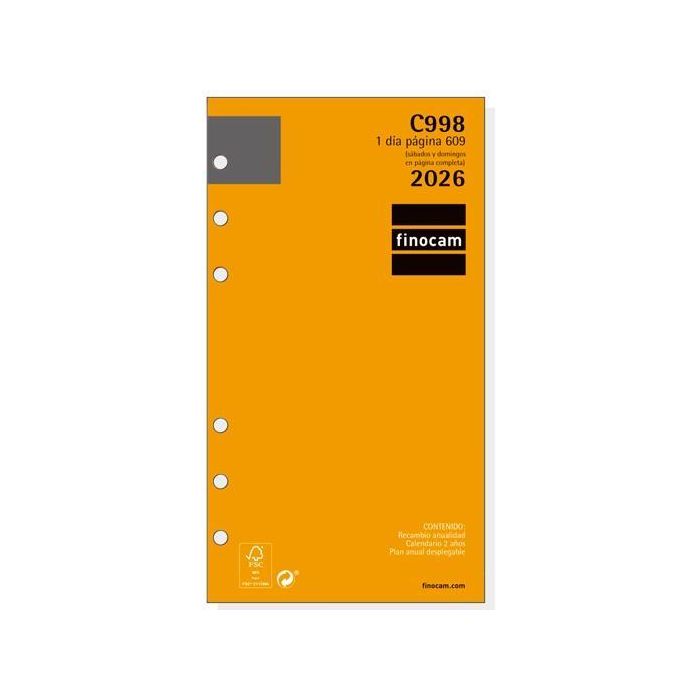 Finocam C998 CLASSIC609 201330026 - Recambio Agenda Anual 2026 94x171mm 1 Día por Página Microperforado