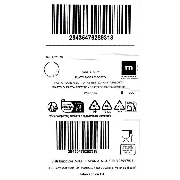 La Mediterranea Plato Pasta Risotto Albus Ø28 cm (6 Unidades)