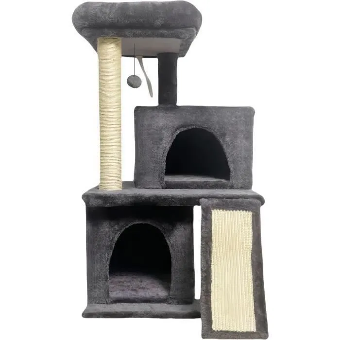 FLOPI AL104 Rascador para Gatos Gris Oscuro, 44.5 x 48 x 86 cm, 1 Plataforma, 1 Pelota de Juego, 2 Casetas, 1 Rampa 1