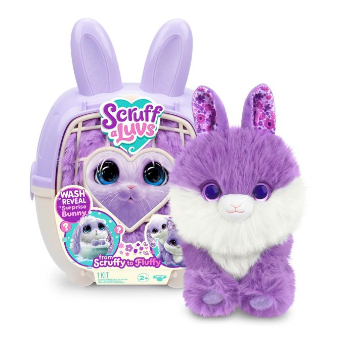 MOOSE Scruffa Luvs Bunnies 30331 - 3 Peluches Conejos para Rescatar y Lavar, Colores Morados con Detalles en Orejas, Juguete en Español para Niños +2 Años