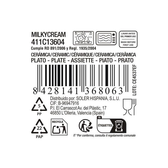La Mediterranea Plato Hondo "Milkycream", Diametro 22.6 cm, 4.6 cm de Alto, Modelo Md (12 Unidades)