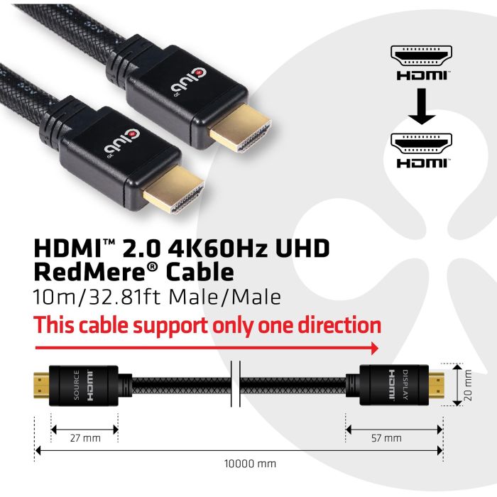 Club3D Cable HDMI 2.0 RedMere 4K60Hz UHD 10m Macho/Macho, 3D 18 Gbit/s para Vídeo y Sonido 7 Club3D Cable HDMI 2.0 RedMere 4K60Hz UHD 10m Macho/Macho, 3D 18 Gbit/s para Vídeo y Sonido 7