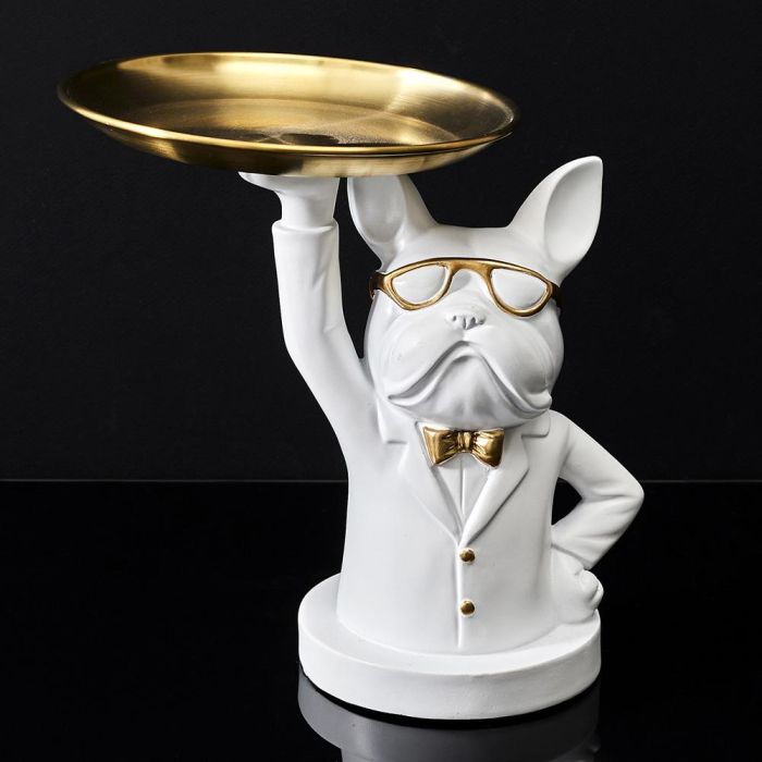 Home Deco Factory Vaciabolsillos Bulldog Camarero Blanco Escultura Decorativa para Llaves Monedas 6