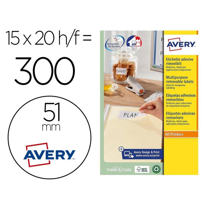 Etiqueta Adhesiva Avery Blanca Redonda Removible Para Laser Ink-Jet Fotocopiadora 51 mm Caja De 375 Unidades