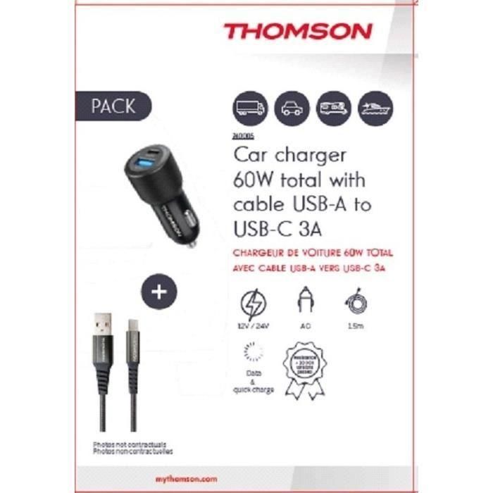 Pack cargador + cable - THOMSON - Cargador de coche 60 W - Cable USB-A a C 3A - longitud 1,5 m 1 Pack cargador + cable - THOMSON - Cargador de coche 60 W - Cable USB-A a C 3A - longitud 1,5 m 1
