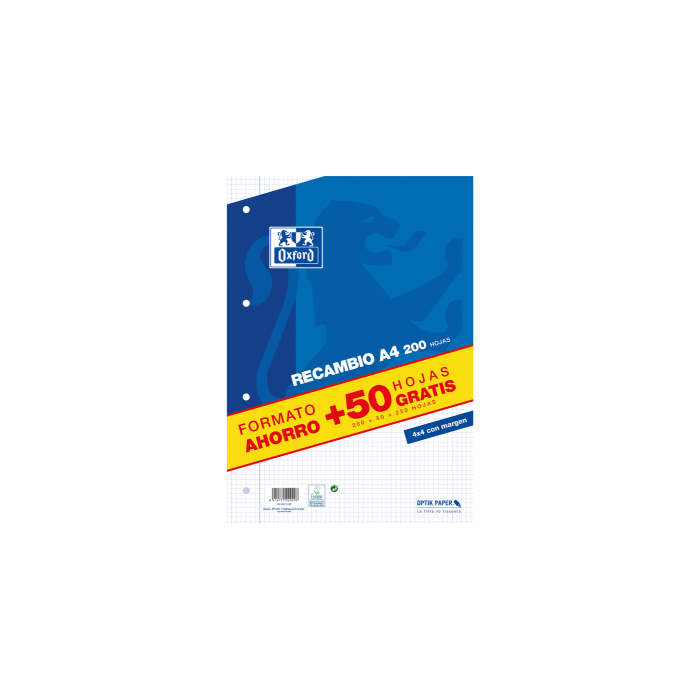 Oxford Recambio A4 Sueltas 90 gr 4x4 mm C-Margen 4 Taladros 1