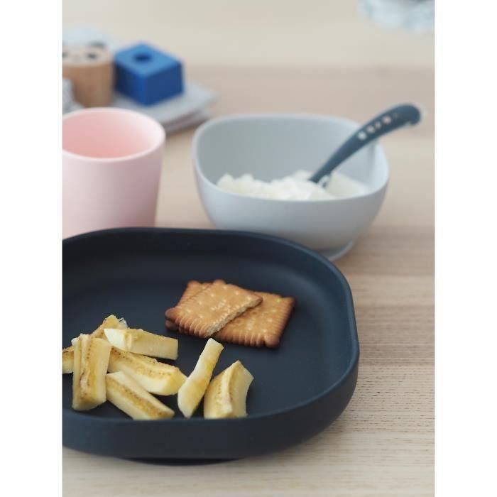 BEABA, Caja de comida de silicona para bebé, con ventosa, antideslizante, 4 piezas, plato + cuenco + vaso + cuchara, azul noche 4 BEABA, Caja de comida de silicona para bebé, con ventosa, antideslizante, 4 piezas, plato + cuenco + vaso + cuchara, azul noche 4