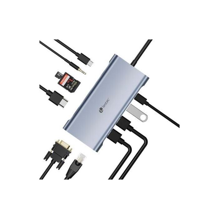 Leotec LEDS01 Docking Station USB-C 11 en 1 con HDMI 4K, VGA, USB 3.0, USB-C PD 100W, Gigabit Ethernet, Lector SD/MicroSD y Audio - Gris 1