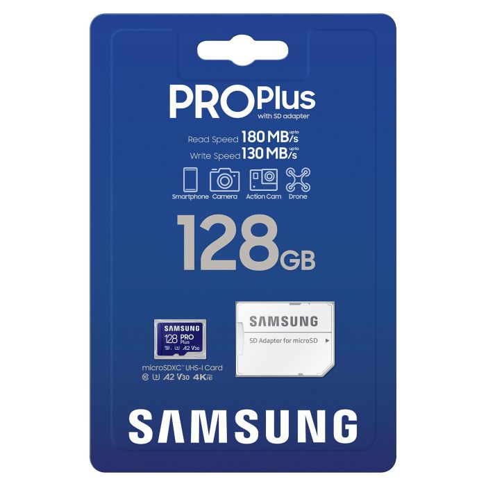 Samsung PRO Plus 128GB microSDXC UHS-I U3 V30 A2 180MB/s Lectura 130MB/s Escritura MB-MD128SA/EU 4K UHD 7