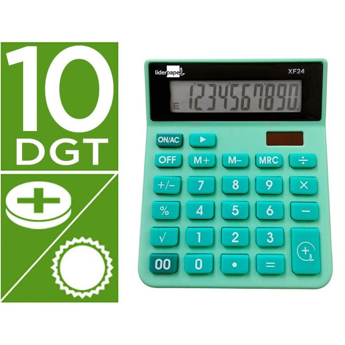 Calculadora Liderpapel Sobremesa Xf24 10 Digitos Solar Y Pilas Color Verde 127x105x24 mm