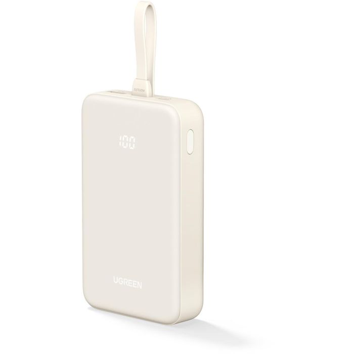 UGREEN 35340 Power Bank 20000mAh con Cable Integrado USB-C, Carga Rápida, Pantalla, Blanco/Beige