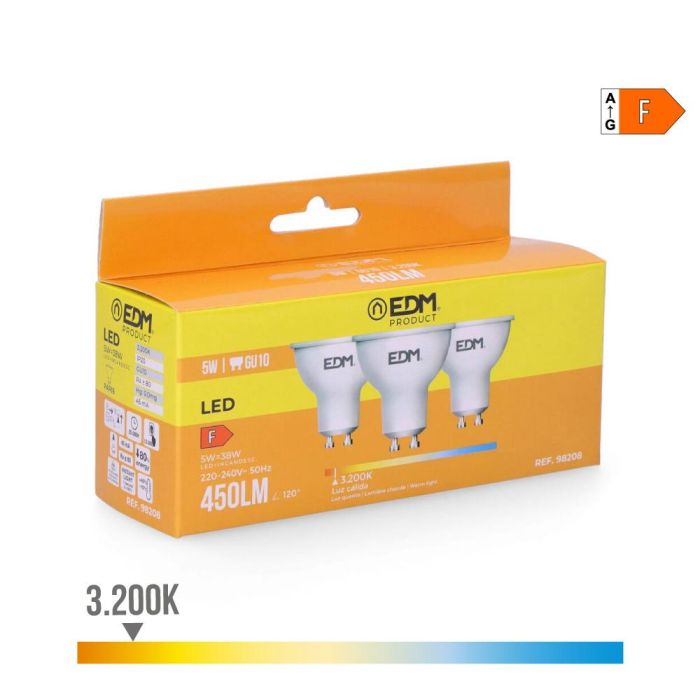 Edm Kit 3 Bombillas Dicroicas LED GU10 5W 450LM 3200K Luz Cálida