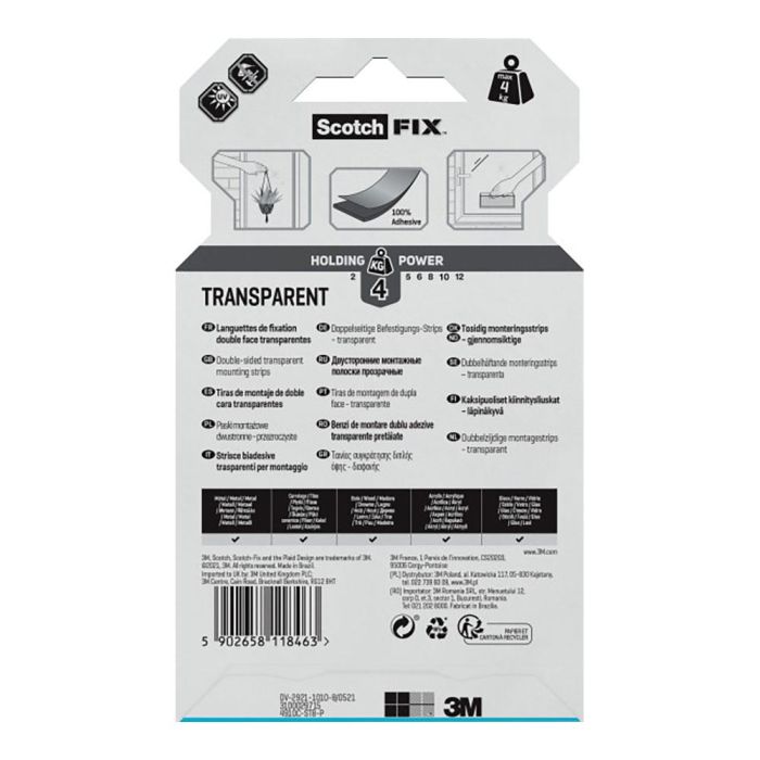 Scotch Tira adhesiva doble cara transparente 25mmx76mm 8 uds 4910c-st8-p max 4 kg 2