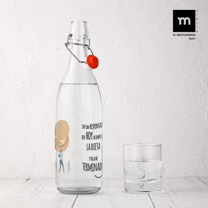 Botella de Vidrio Decorada con Chistes 1L - La Me by Inde (12 Unidades) 12