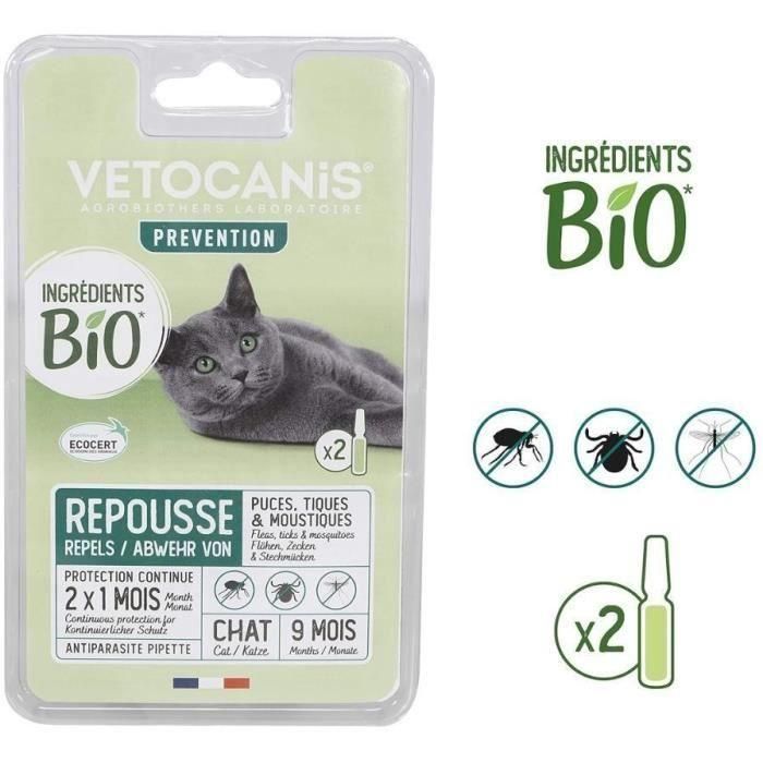 Vetocanis Pipeta Repelente Antiparasitaria Bio Orgánica Gatos | Pulgas, Garrapatas, Ácaros, Mosquitos | 2 Pipetas, 3 Semanas Protección 1