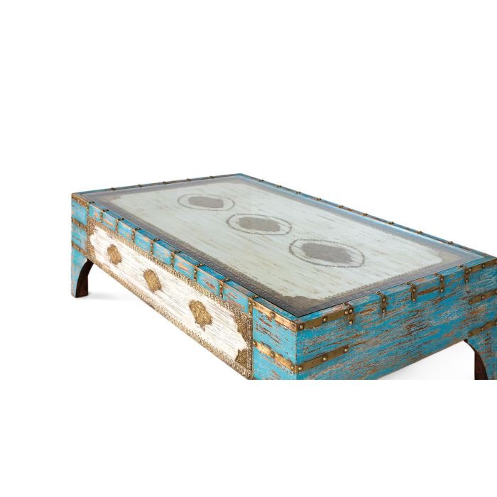 GINER Y COLOMER Mesa de Centro de Madera de Mango Azul y Blanco Envejecido 150 cm 2