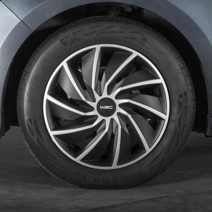 WRC Juego de 4 Tapacubos Bicolores 14 Pulgadas Negro Mate y Gris Plateado Diseño Deportivo TURBO en ABS 4 WRC Juego de 4 Tapacubos Bicolores 14 Pulgadas Negro Mate y Gris Plateado Diseño Deportivo TURBO en ABS 4