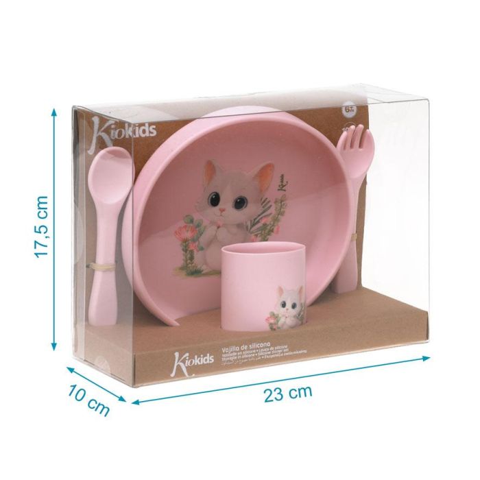 KioKids Set Vajilla Rosa de Silicona con Ventosa para Bebé, 4 Piezas, Plato Tenedor Cuchara y Vaso, Colección Lovely Friends, Edad +6 Meses