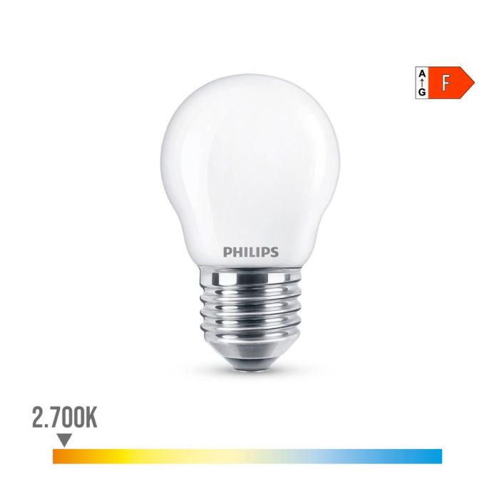 Philips Bombilla LED Esférica E27 4.3W 470lm 2700K Luz Cálida Equivalente 40W No Regulable Ø4.5x8.2cm Clase F 0 Philips Bombilla LED Esférica E27 4.3W 470lm 2700K Luz Cálida Equivalente 40W No Regulable Ø4.5x8.2cm Clase F 0