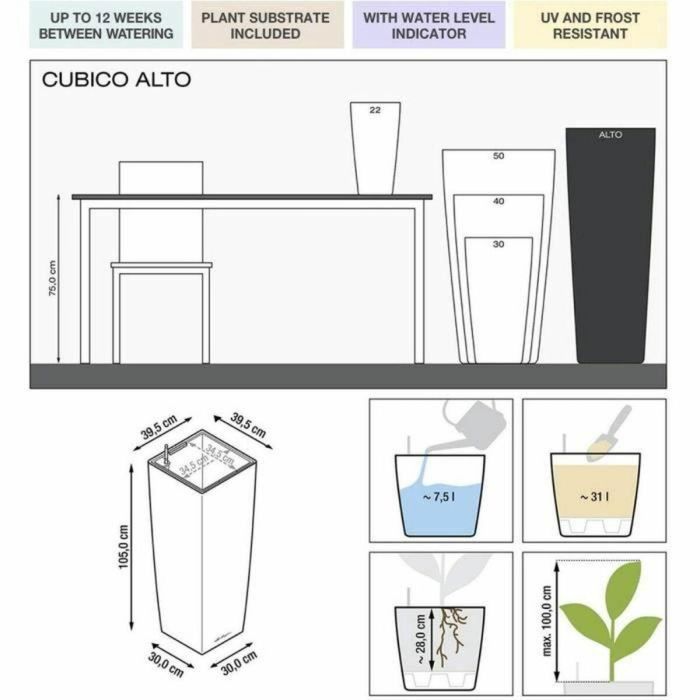 Lechuza LEC4008789182388 Maceta Cubico Alto Premium 40, juego completo, plata metalizada 4