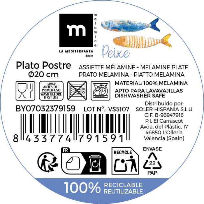La Mediterrane Plato de Postre Melamina Brillo Peixe 20 cm (24 Unidades) 3 La Mediterrane Plato de Postre Melamina Brillo Peixe 20 cm (24 Unidades) 3