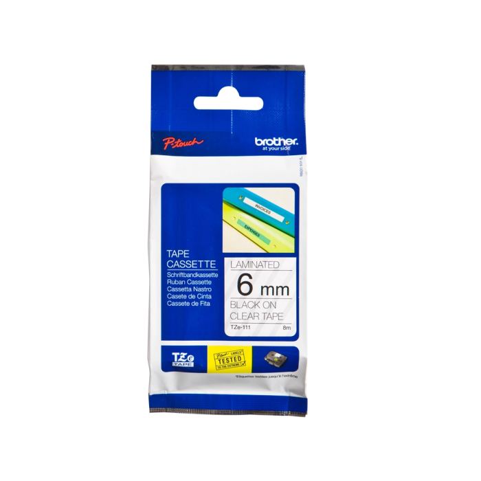 Brother TZe111 Cinta Rotuladora Laminada Texto Negro Sobre Transparente 6mm x 8M 1