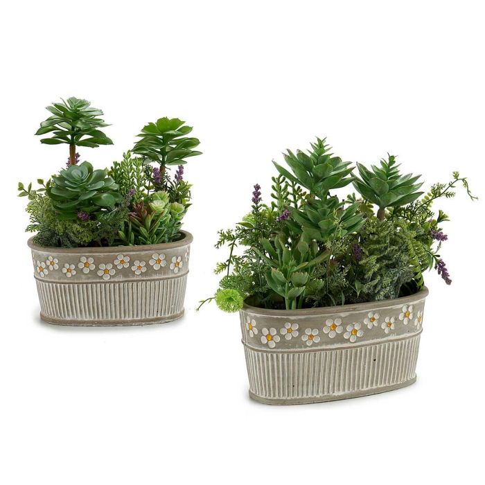 Ibergarden Maceta de Piedra Ovalada para Plantas, Plastico y Cemento, 25x29x15 cm, Verde y Gris (6 Unidades)